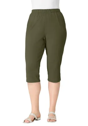Roaman's Plus Size Soft Knit Relaxed Pull-On Capri Pant in Dark Olive Green at Nordstrom, Size 4X