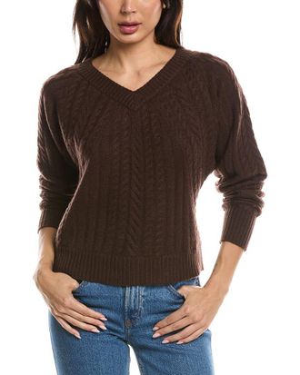 Fort&eacute; Cashmere Diagonal Cable V-Neck Cashmere Sweater