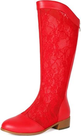 Generic Womens Round Toe Patchwork Elegant Lace Mesh Knee High Boots Comfort Low Block Heels Dress Sandals with Zipper (Red,5.5)