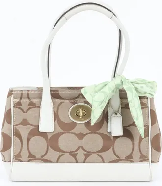 Coach Brown White Leather Canvas Handbag Shoulder Bag Tote Bag (Pre-Owned)