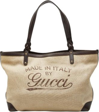 Gucci Beige Brown Canvas Leather Handbag Tote Bag (Pre-Owned)
