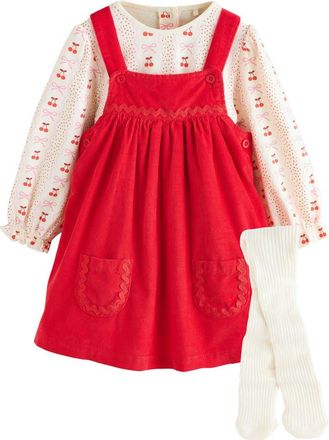 Next Bow Corduroy Pinafore Dress, Bodysuit & Socks Set in Red at Nordstrom, Size 12-18M