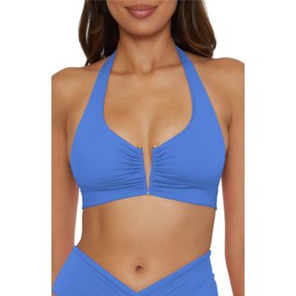 BECCA by Rebecca Virtue Shirred V-Wire Halter Bikini Top in Cornflower at Nordstrom Rack