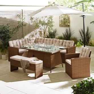 Furniturebox Marbella 9 Seat Rattan Firepit Table Garden Dining Set in Beige