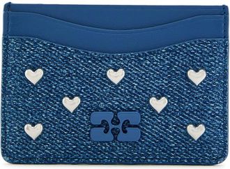 Ganni Embellished Leather and Denim Card Holder - One Size