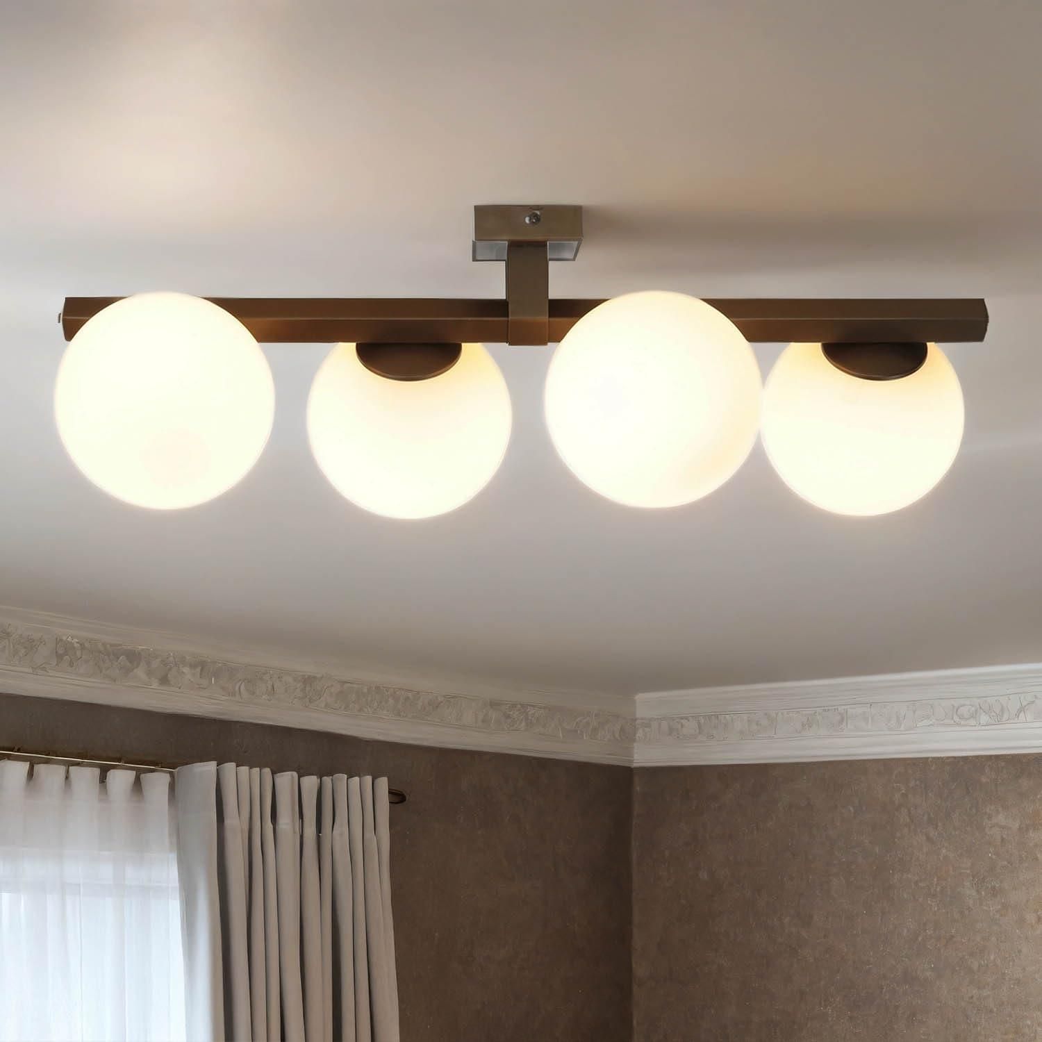 Moderne Deckenleuchte MENDJE: 6-flammig, 106 Cm Länge, Titanium Gold & Weiß, Satinierte Glaskugeln, Für E27 Birnen