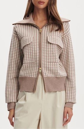 Varley Ablett Houndstooth Jacquard Zip Cardigan in Taupe at Nordstrom, Size X-Large