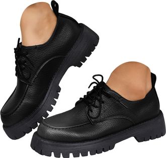 Generic Women Lace-up Platform Chunky Loafers Classic Lug Sole Oxford Shoes Business Work Loafers Womens British Leather Round Toe Comfortable Casual Slip On 