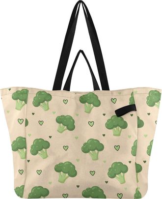 Generic Broccoli Hearts Beige print Reusable Canvas Tote Bag, Heavy Duty Grocery Shopping Bag with Double Handles Large Capacity Hard Bottom Work Groceries Tr