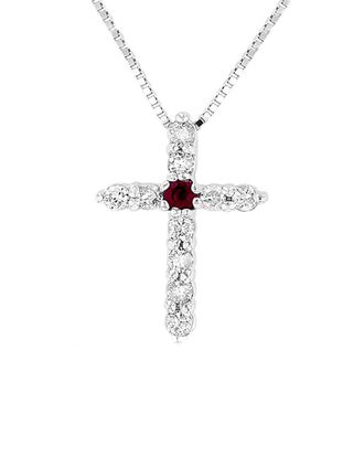 Suzy Levian 14K 0.18 Ct. Tw. Diamond & Ruby Cross Pendant Necklace