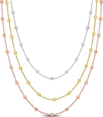 Mimi & Max 3-Strand Ball Station Necklace in 3-Tone Rose Yellow and White Sterling Silver - 16+2 in