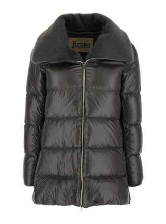 Herno Grey Down Jacket With Ecofur Collar In Tech Fabric Woman
