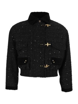 Fay Cropped Bomber Jacket with Textured Fabric and Gold-Tone Details
