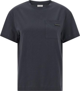 Brunello Cucinelli Navy Blue Solid Crew Neck T-Shirt
