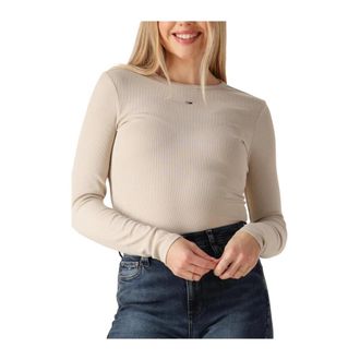 Tommy Jeans Slim Essential Rib LS - Dames - Longsleeves - Beige - XL - Katoen - Tops