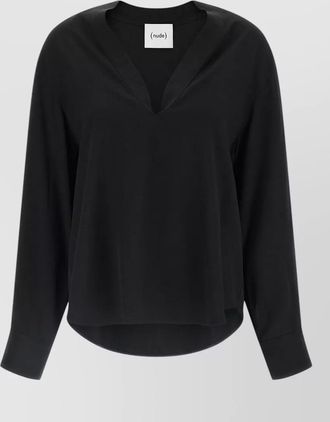 Nude viscose relaxed-fit v-neck long-sleeve blouse