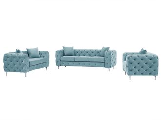 Vente-Unique Sof&aacute; de 3 plazas, 2 plazas y sill&oacute;n ch&eacute;ster en terciopelo azul pastel EDWINA