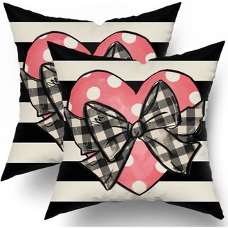 OEM Juego De Fundas De Almohada Para El D&iacute;a De San Valent&iacute;n, 20x20cm, Con Estampado De Lunares Rosas, Corazones Y Rayas Negras, Decoraci&oacute;n Para Sof&aacute; Cama 