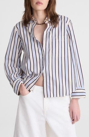 Madewell The Signature Y-Neck Cotton Poplin Button-Up Shirt in Boardwalk Stripe at Nordstrom, Size Xx-Small