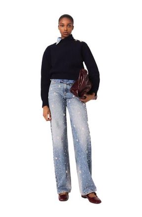 Maje Wide-leg embroidered jeans in Blue at Nordstrom, Size 42 Eu