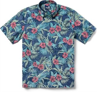 Reyn Spooner Mens Palm Floral Hibiscus Button Front Hawaiian Aloha Shirt In Navy