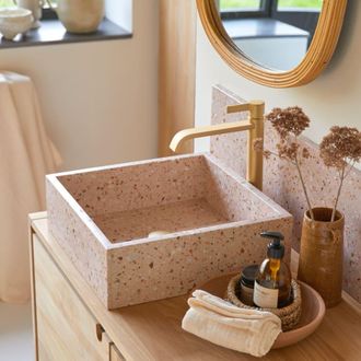 Tikamoon Lavabo cuadrado de terrazo pr&eacute;mium rosa an. 40 cm