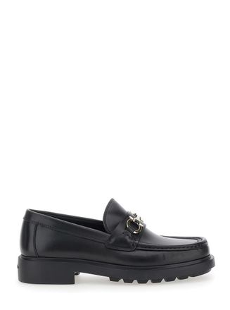 Ferragamo Duglas Black Loafers With Gancini Plaque On The Front And Embossed Logo On The Rear In Leather Man