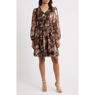 Eliza J Metallic Floral Long Sleeve Dress in Black Multi at Nordstrom Rack, Size 12