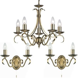 Loops 5 Lamp Ceiling & 2x Twin Wall Light Pack Antique Brass Vintage Matching Fittings in Metallics