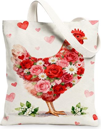 Generic Floral Chicken Tote Bags, Heart Pattern Reusable Grocery Bags, Spring Vintage Lightweight Washable Shoulder Strap Canvas Fo, White, 13x15 Inch
