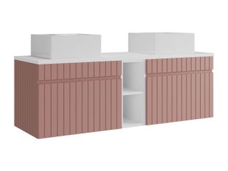 Vente-Unique Mueble de ba&ntilde;o suspendido estriado con huecos y doble lavabo sobre encimera cuadrado - Rosa - An. 140 cm - SATARA