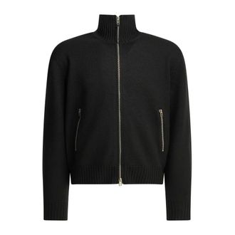 Tom Ford Merino Wol Volledige Rits Trui met Lederen Patches - Heren - Sweatshirts & Hoodies - Zwart - Maat: 2XL Wol