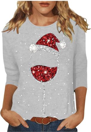 Generic Christmas Tops for Women UK 3/4 Sleeve Ladies T-Shirts Round Neck Blouses Christmas Print Casual Tunic Top Funny Xmas Tops Comfortable Holiday T-Shirt