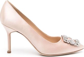 Manolo Blahnik Hangisi crystal-embellished heeled pumps - women - Fabric/Calf Leather/Calf Leather - 41 - Neutrals