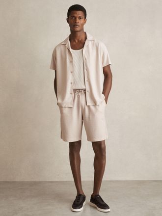 Reiss Champagne Textured-knit Cuban-collar Shirt, L