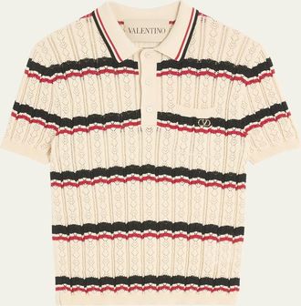 Valentino Garavani Mens Stripe Cotton Eyelet VLogo-Pocket Polo Shirt