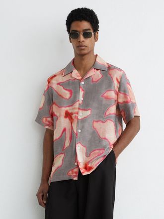 Reiss Pink Graphic Floral-print Short-sleeve Shirt, XL