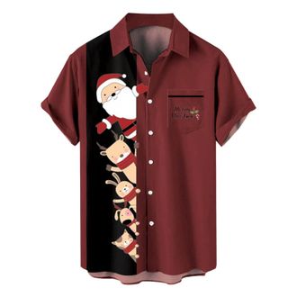 Generic Christmas Shirts for Men Adult Funky Santa Hawaiian Shirt Xmas Tree Print Button Up Short Sleeve Beach Holiday Party Tshirts, Wine, 3XL