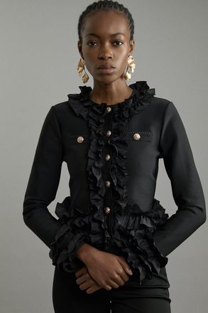 Karen Millen Womens Figure Form Bandage Knit Jacket With Woven Ruffle Trim - Black - Size X-Small