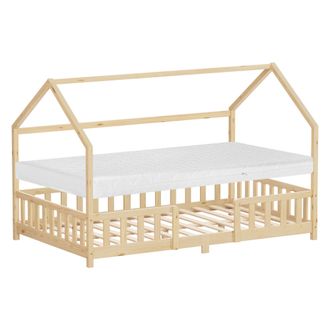 ML Design Ml-design Cama Infantil 120x200cm Natural, Con Colch&oacute;n, Protecci&oacute;n Antica&iacute;da, Techo Y Somier, Listones De Madera De Maciza De Pino Lecho Doble Montess