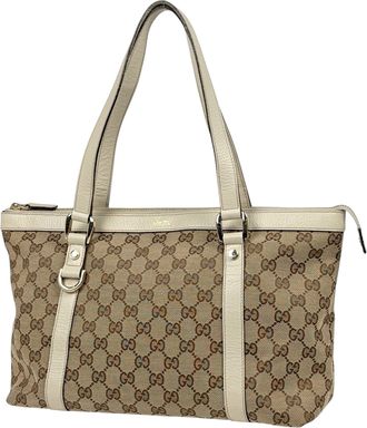 Gucci Abbey Beige Ivory Gg Canvas Leather Tote Bag (Pre-Owned)