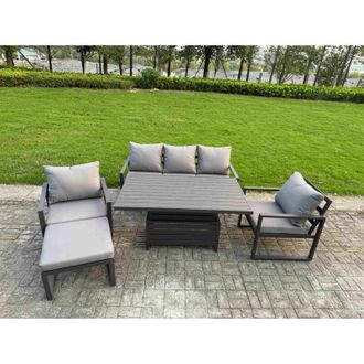 Fimous Fimous 5-Piece Aluminium Garden Furniture Sets 6 Seater Outdoor Sofa Set with Adjustable Rising Lifting Dining Table 2 Chairs Big Footstool