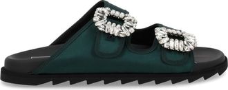 Roger Vivier Slidi Viv Green Textile Crystal Sandals