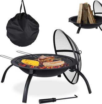 Relaxdays Relaxdays - Brasero Para Jard&iacute;n, Parrilla De Barbacoa, Atizador, Tapa Contra Chispas, Cuenco Para Hogueras, 56,5 Cm, Negro