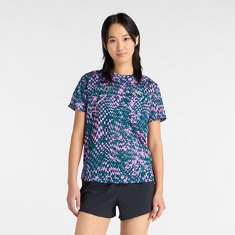 New Balance Womens London Edition RC Essential Printed T-Shirt in Pink/Green Polyester, size X-Large