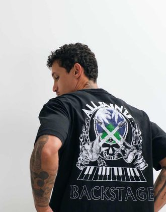 AllSaints Hula - T-shirt a maniche corte nero slavato con stampa del logo sul retro