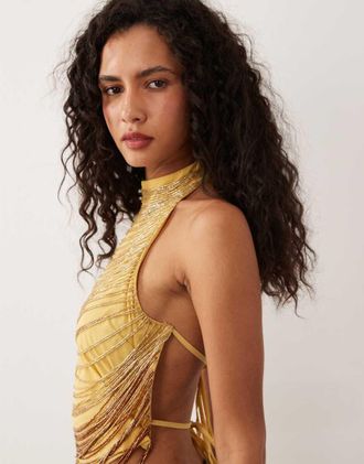 Asos top allamericana con schiena aperta, drappeggio e perline dorate-Oro