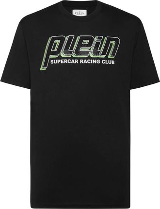 Philipp Plein Tops, Heren, Zwart, 5Xl, Katoen, Jersey T-shirt Ronde Hals Strass Racing Club