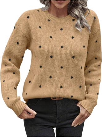 Generic Ladies Jumpers, Polka dots Printed Round Neck Pullovers Knitted Retro Jacquard Sweater Tops Autumn Winter Warm Jumpers for Women, Long Sleeve Pullover