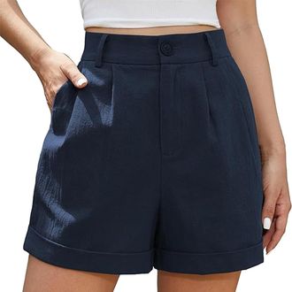 Generic Womens Summer High Waist Linen Shorts Roll Up Pleated Zippered Wrap Hem Wide Leg Shorts with Pockets(Blue,X-Large)